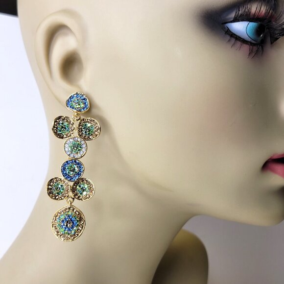 Blue And Green Crystal Long Earrings - Picture 2 of 11